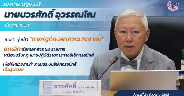 ก.พ.ร. มุ่งเป้า “ภาครัฐต้องลดภาระประชาชน” ยกเลิกเรียกเอกสาร 58 รายการ เตรียมปรับกฎหมายปฏิบัติราชการทางอิเล็กทรอนิกส์ เพื่อให้หน่วยงานทำงานบนระบบอิเล็กทรอนิกส์เต็มรูปแบบ