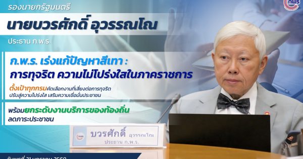 ​ก.พ.ร. เร่งแก้ปัญหาสีเทา: การทุจริต ความไม่โปร่งใสในภาคราชการ ตั้งเป้าทุกกรมคัดเลือกงานที่เสี่ยงต่อการทุจริต ปรับสู่ความโปร่งใส เสริมความเชื่อมั่นประชาชน พร้อมยกระดับงานบริการของท้องถิ่น ลดภาระประชาชน