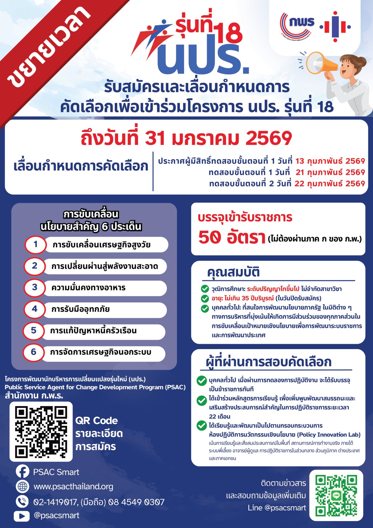 ประกาศสำนักงาน ก.พ.ร. เรื่อง ขยายระยะเวลาการรับสมัครและเลื่อนกำหนดการคัดเลือกบุคคล เพื่อเข้าร่วมโครงการพัฒนานักบริหารการเปลี่ยนแปลงรุ่นใหม่ รุ่นที่ 18 1 Info รับสมัคร นปร.18 บุคคลทั่วไป