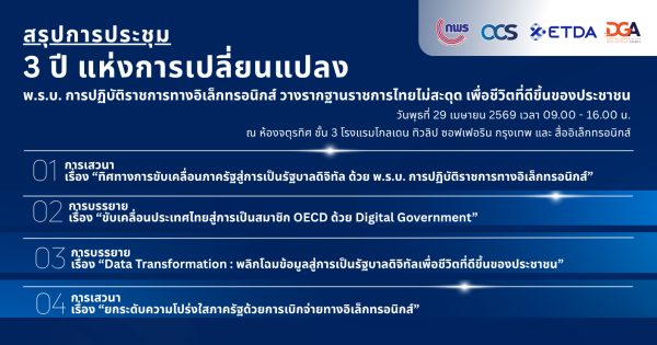 🎯สรุปการประชุม 🎯“3 ปีแห่งการเปลี่ยนแปลง: พ.ร.บ. การปฏิบัติราชการทางอิเล็กทรอนิกส์” วางรากฐานราชการไทยไม่สะดุด เพื่อชีวิตที่ดีขึ้นของประชาชน